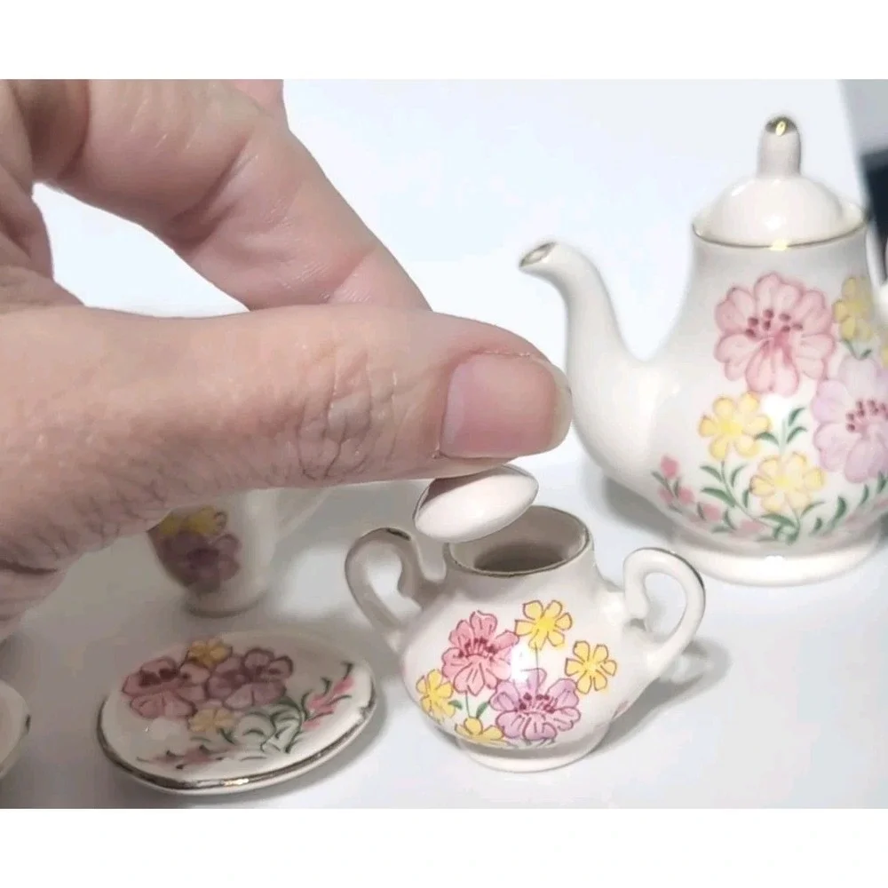 Dollhouse Set Of Miniature Ceramic Plates, Teapot, Cups, & Cream Vintage Flowers